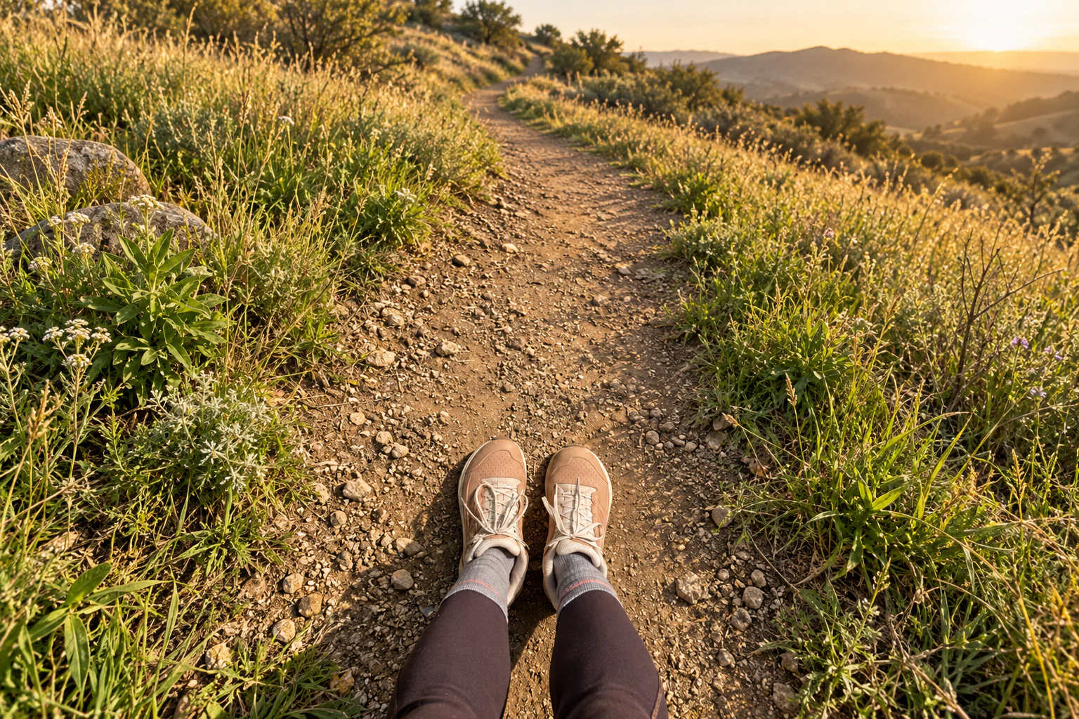 Blush sneakers at the start of a sunlit hillside trail