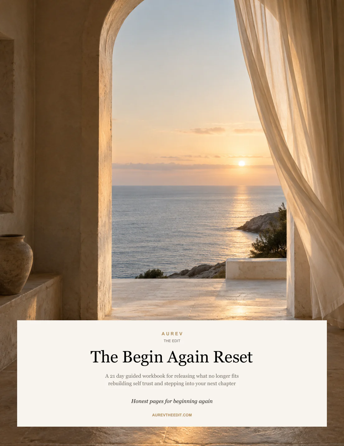 The Begin Again Reset guided workbook cover, featuring a sunlit archway opening toward the ocean