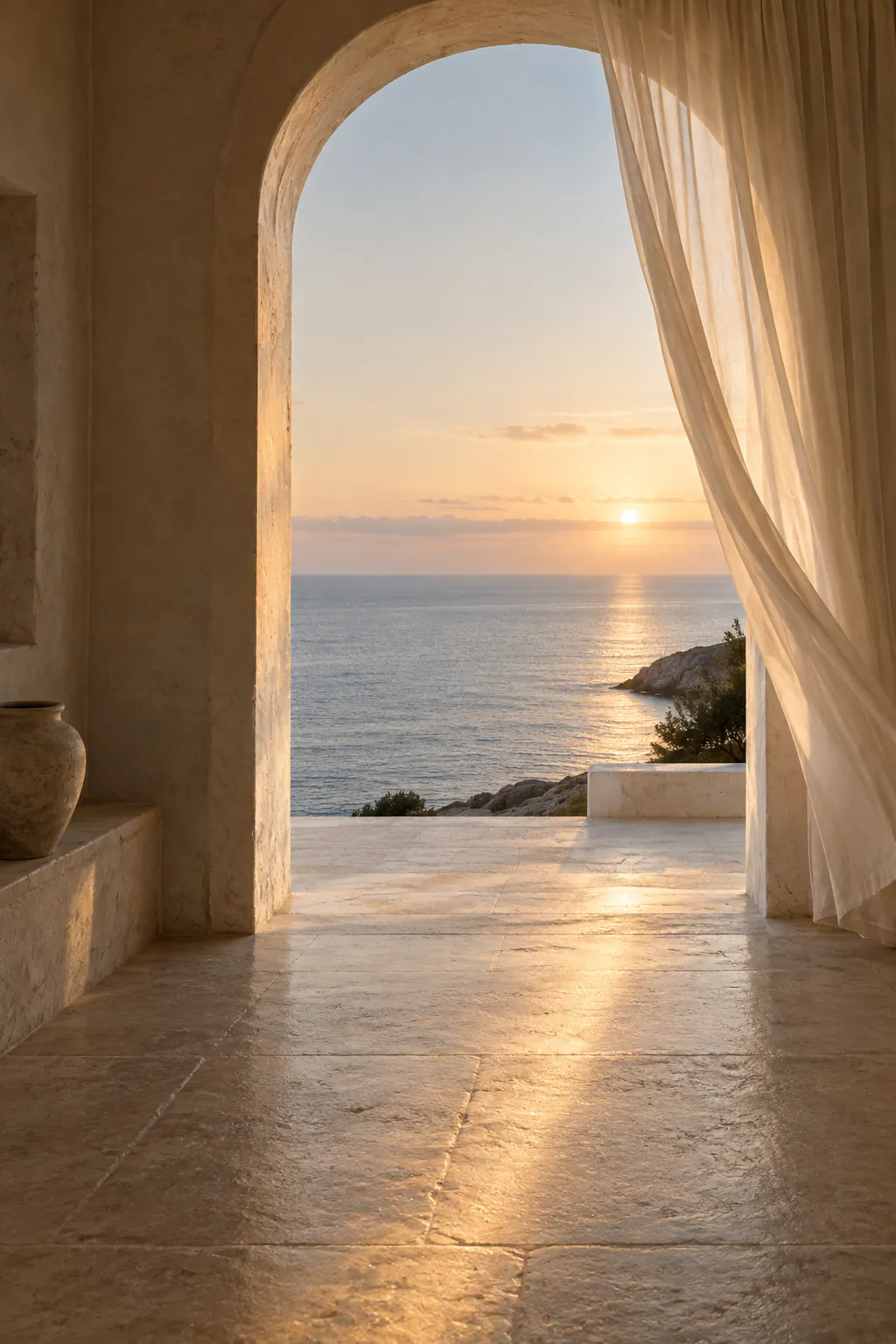 An open stone archway facing the ocean at sunrise