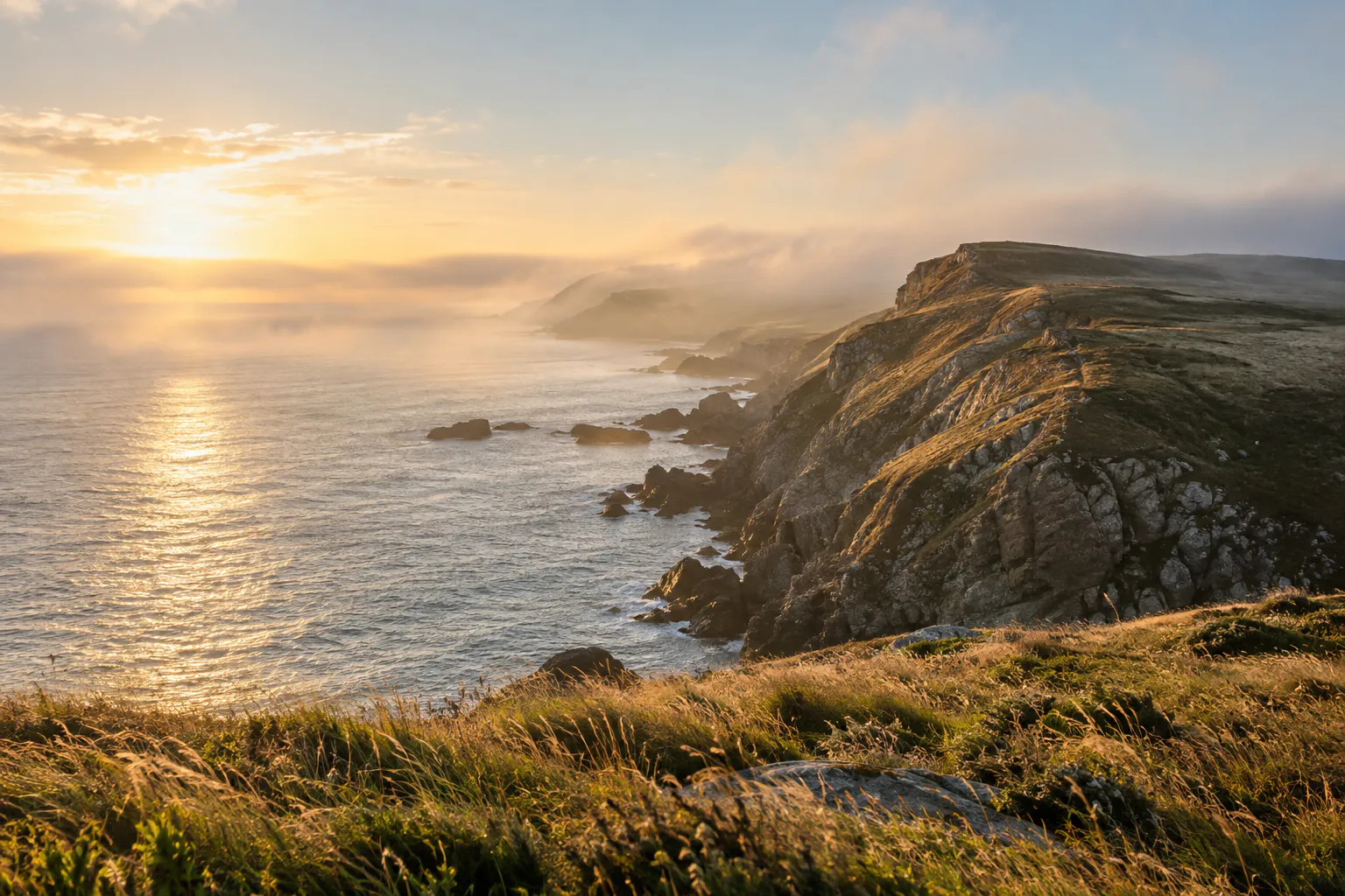 Golden light reaching a coastal headland across the open sea