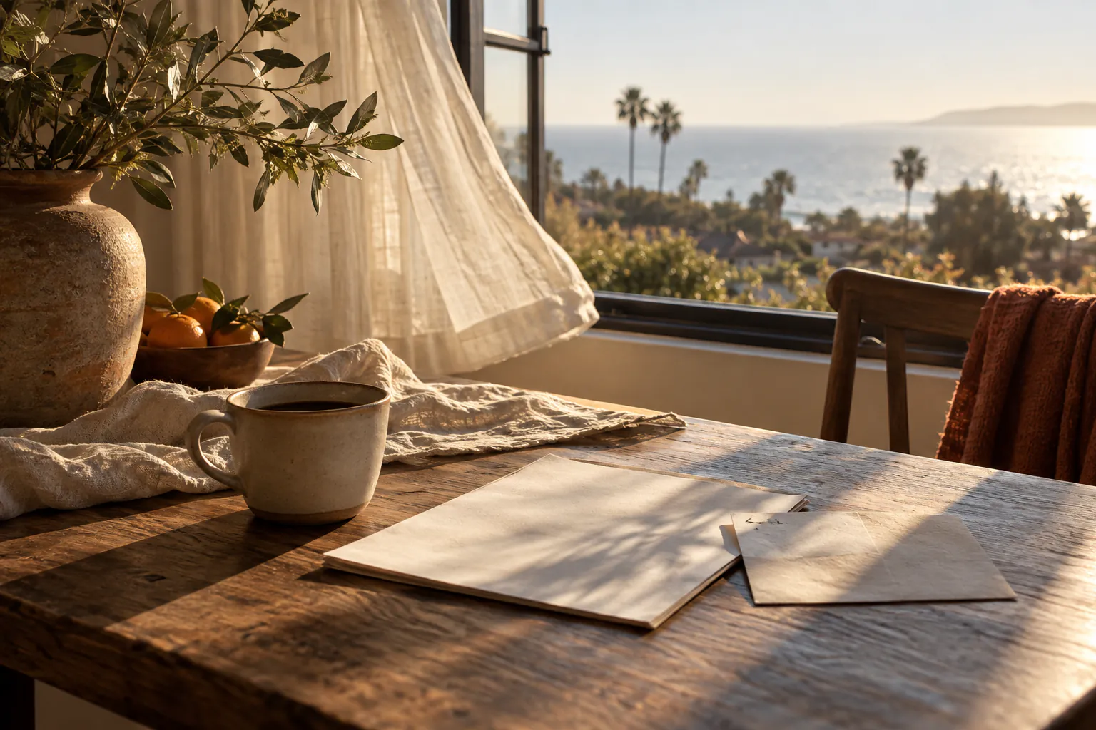 A quiet morning table beside an open window