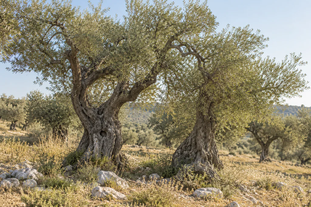 Two mature olive trees grow side by side in a sunlit Mediterranean grove