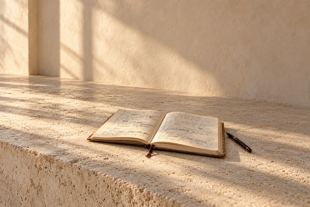 An open journal filled with handwritten reflections rests on sunlit limestone.